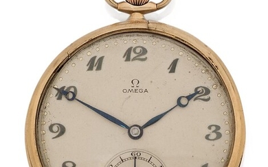 Omega. A 9ct gold manual wind open face pocket watch, Birmingham hallmark for 1935 with silvered dial and and applied subsidiary blued Breguet numerals, subsidiary seconds at 6, blued steel hands, 9ct gold Dennison hinged caseback, dial and...