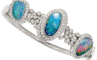 Opal, Diamond, White Gold Bracelet Stones: Carved opal; full-cut...