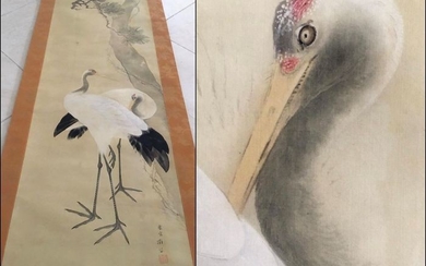 Original old scroll painting - 'Cranes and Pine' - Handpainted on silk - With signature 'Oju Nankoku' 応需南谷 (By request) and seal 'Nankoku' 南谷 - Japan - First half 20th century