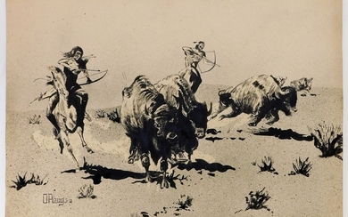 Otto Plaug Western Buffalo Hunting Ink Drawing