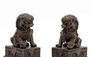 PAIR, CHINESE BRONZE GUARDIAN LIONS ON BASES