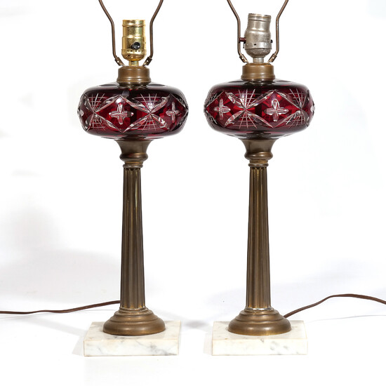 PAIR CRANBERRY CUT-TO-CLEAR GLASS OIL LAMPS