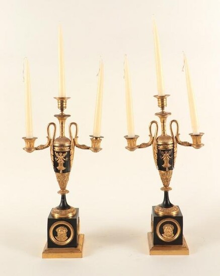 PAIR FRENCH EMPIRE STYLE BRONZE CANDELABRAS 1920