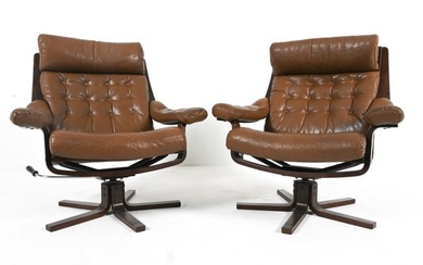PAIR OF BENTWOOD & BUFFALO LEATHER EASY CHAIRS