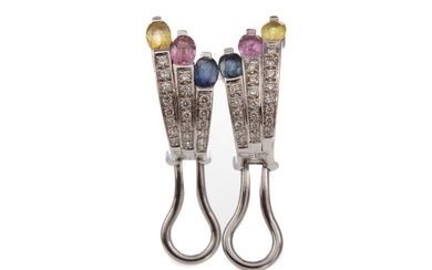 PAIR OF COLOURED SAPPHIRE AND DIAMOND EARRINGS