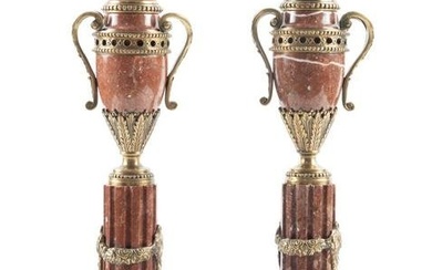 PAIR ROUGE MARBLE AND BRONZE CASSOLETTES