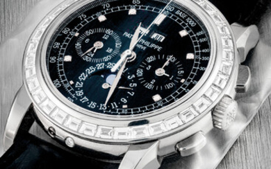 PATEK PHILIPPE. A RARE PLATINUM AND DIAMOND-SET PERPETUAL CALENDAR CHRONOGRAPH WRISTWATCH WITH MOON PHASES, 24-HOUR AND LEAP YEAR INDICATION, REF. 5971, CIRCA 2007