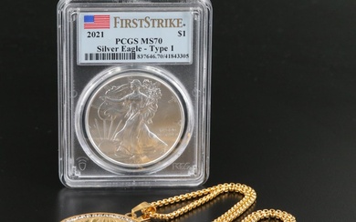 PCGS MS70 First Strike 2021 American Silver Eagle and a Gold Plated Necklace