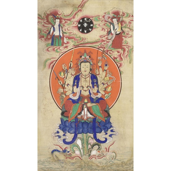PEINTURE VERTICALE à l'encre et polychromie rehaussée de dorure sur textile, représentant Chonsu Kwanum Posal (Avalokitesvara aux...
