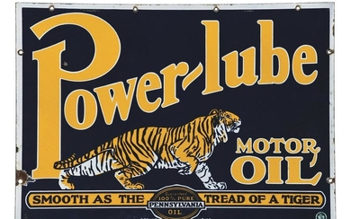 POWERLUBE MOTOR OIL PORCELAIN SIGN W/ TIGER GRAPHIC.