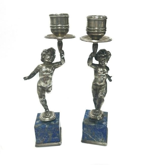 Pair Buccellati Italian Sterling Silver Lapis Lazuli Veneered Candlesticks c1950