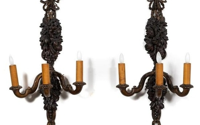 Pair, French Baroque Style Carved Wooden Sconces