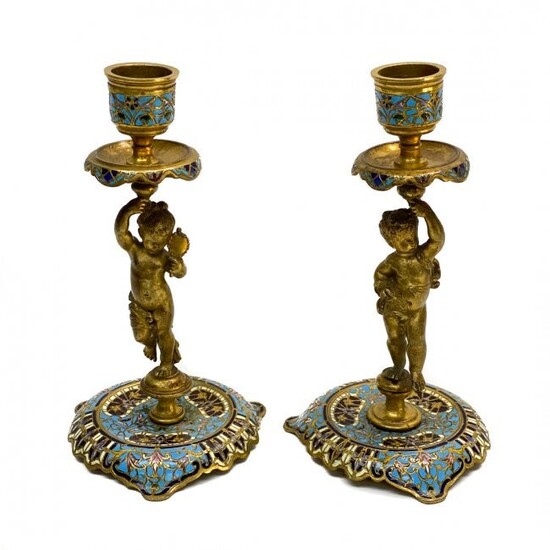 Pair French Champleve Enamel Bronze Candlesticks 19th C