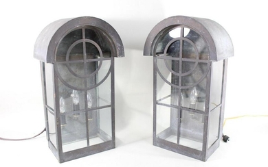 Pair Glass & Metal Outdoor Farmhouse Lantern Sconces