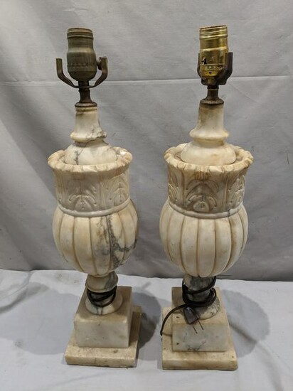 Pair Italian Carved Alabaster Ornate Table Lamps