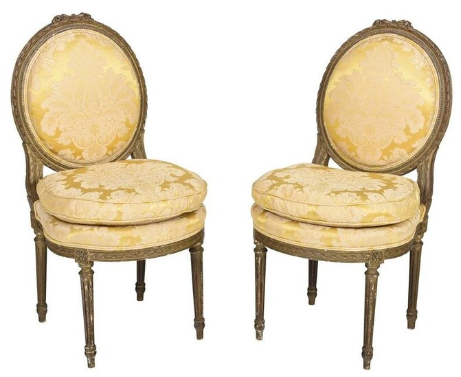 Pair Louis XVI Style Carved Upholstered Side Chairs