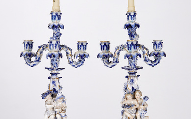 Pair Meissen blue and white figural candelabra