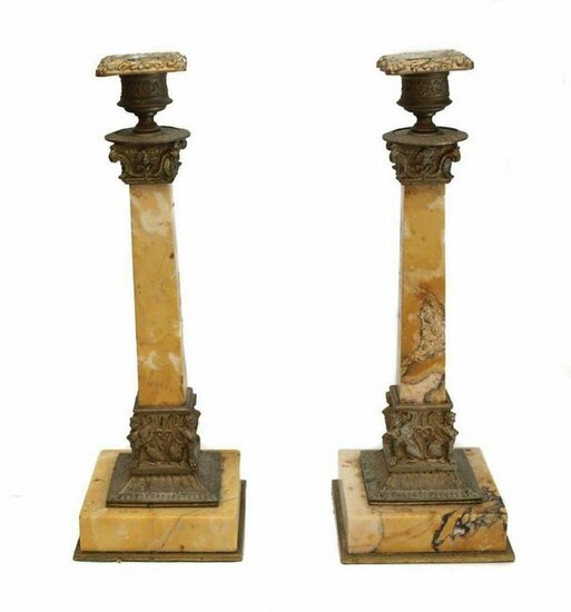 Pair Sienna Marble & French Metal Mounted Candlesticks