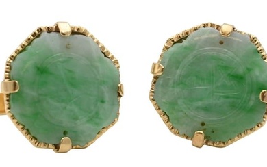 Pair of 14K Yellow Gold Cufflinks Set with Jade Table having Chinese Writing