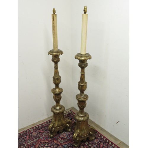 Pair of 17th C style gilt wood torchere style standard lamps...