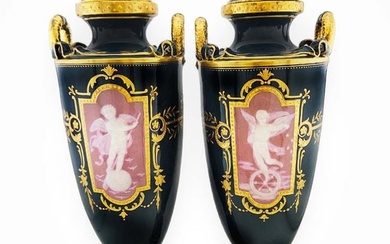 Pair of 19th C. Pate Sur Pate Mintons Porcelain Angel Vases / Urns Signed By Birks