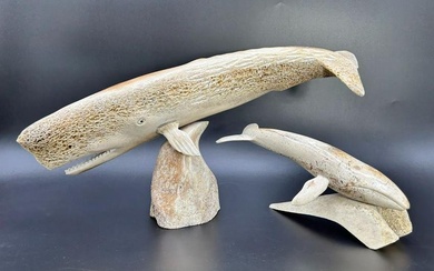 Pair of Artist Signed Hand carved Whale Sculptures