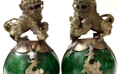 Pair of Chinese Handmade Jade/Tibetan Silver Foo Dogs