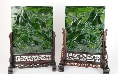 Pair of Chinese Spinach Jade Plaques in Wooden Base