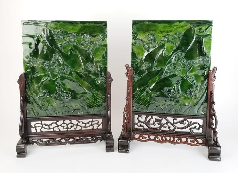 Pair of Chinese Spinach Jade Plaques in Wooden Base