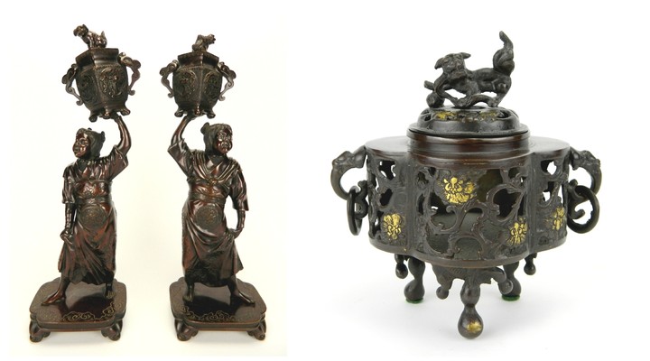Pair of Chinese bronze figural candle holders