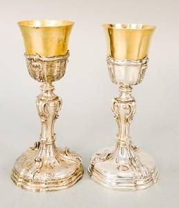 Pair of Continental silver chalice, having gilt