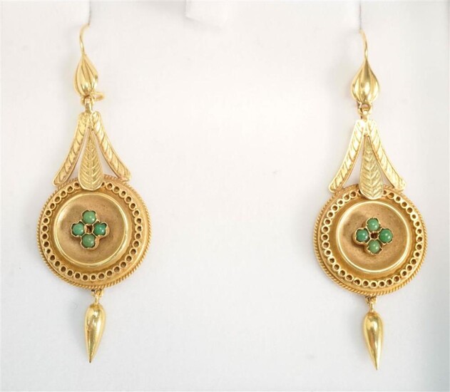 Pair of Etruscan Revival-Style 14-Karat Yellow-Gold and Green Turquoise Pierced Earrings, 4 gross dwt, L: 2-1/4 in