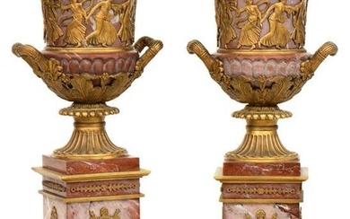Pair of French Gilt Bronze Mounted Marble Urns