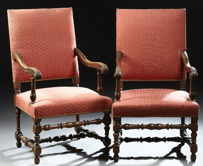 Pair of French Louis XIV Style Carved Walnut Fauteuils