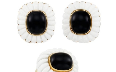 Pair of Gold, Carved White and Black Onyx Earclips, Maz, and Ring