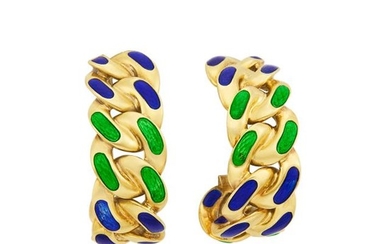 Pair of Gold and Blue and Green Enamel Curb Link Hoop Earrings, Bulgari