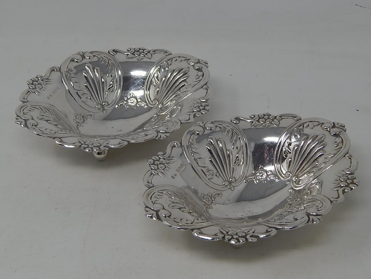 Pair of Heavy Silver Bon Bon Dishes of Oval Shaped Form on F...