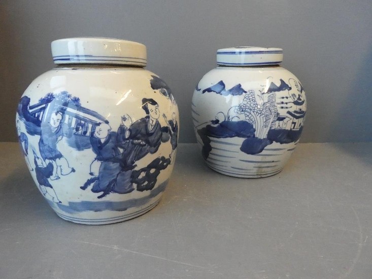 Pair of Lidded ginger jars decorated in blue & white Orienta...