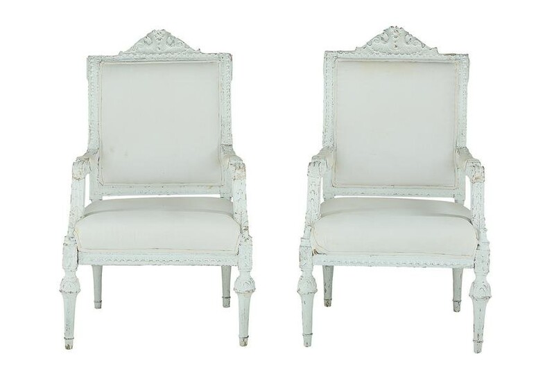 Pair of Louis XVI-Style White-Painted Fauteuils