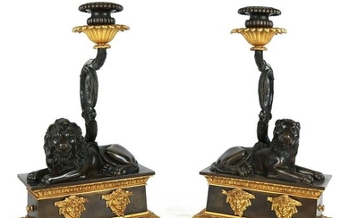 Pair of Patinated & Gilt Bronze Candlesticks
