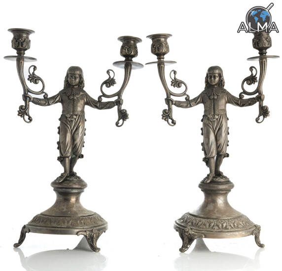 Pair of Silver-Plated Dual-Armed Candlesticks, Europe 19th\20th Century