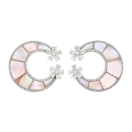 Pair of White Gold, Mother-of-Pearl and Diamond Hoop Earrings