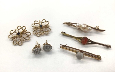 Pair of diamond flower head cluster earrings, pair of 9ct gold brooches and three 9ct gold gem set bar brooches