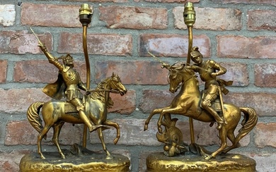 Pair of gilt spelter table lamps depicting Vercingetorix tri...