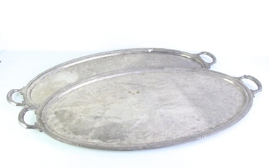 Pair of oval German silverplated twin handled serving trays (W90.5cm)