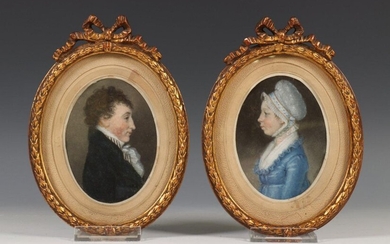 Pair of portrait miniatures, pastel, ca. 1800, Lady...