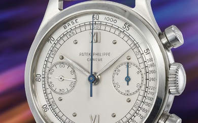 Patek Philippe, Ref. 1463 A superb and well-preserved stainless steel chronograph wristwatch with two-tone silvered dial with outer tachymeter scale