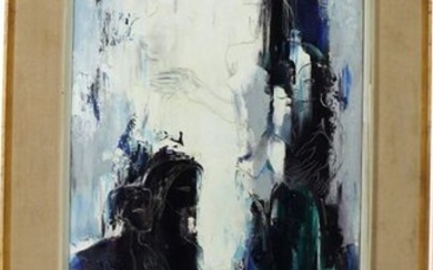 Paul DAXHELET (1905-1993) "Maternité africaine à fond bleu et blanc", oil on canvas, signed lower right, 100 x 50 cm