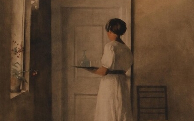 NOT SOLD. Peter Ilsted: A young woman with a tray. 1915. Opus 33. Signed. Mezzotint in colours. Visible size 63.5 x 51.5 cm. – Bruun Rasmussen Auctioneers of Fine Art