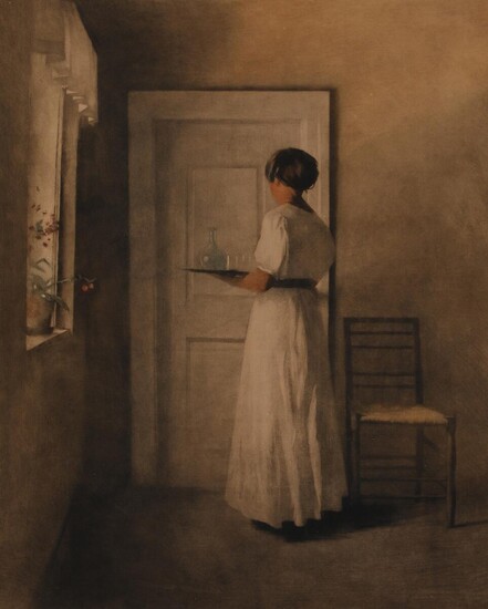 NOT SOLD. Peter Ilsted: A young woman with a tray. 1915. Opus 33. Signed. Mezzotint in colours. Visible size 63.5 x 51.5 cm. – Bruun Rasmussen Auctioneers of Fine Art